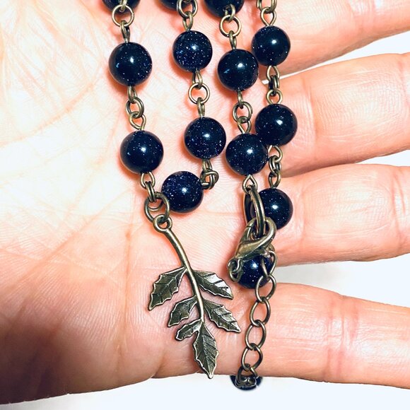 Dark Blue Goldstone Bronze Link Adjustable Short Necklace w/ Leaf Branch Charm - Picture 15 of 15